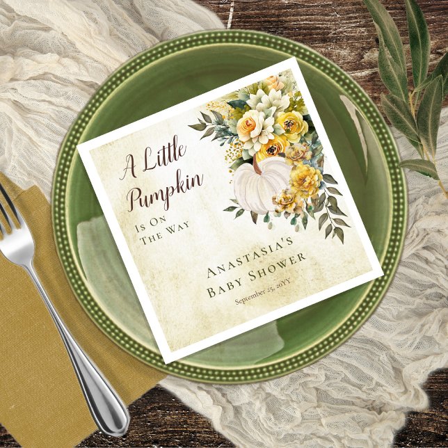 A Little Pumpkin Harvest Gold Floral Baby Shower Napkin (Boho chic elegant fall / autumn "A Little Pumpkin" gender neutral Baby Shower)
