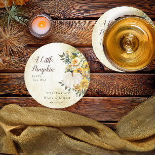A Little Pumpkin Harvest Gold Floral Baby Shower Round Paper Coaster