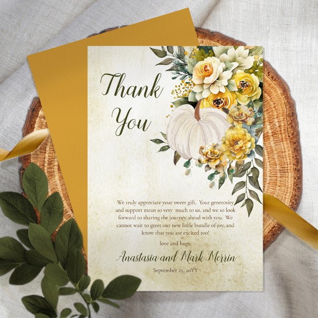 A Little Pumpkin Harvest Gold Floral Baby Shower Thank You Card (Beautiful autumn florals and a creamy white pumpkin "Thank You" card design.)