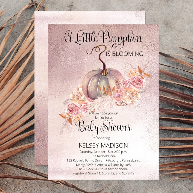 A Little Pumpkin Is Blooming Pink Baby Shower Invi Invitation (Sweet "A Little Pumpkin Is Blooming" Fall Baby Shower perfect for celebrating baby's pending arrival)