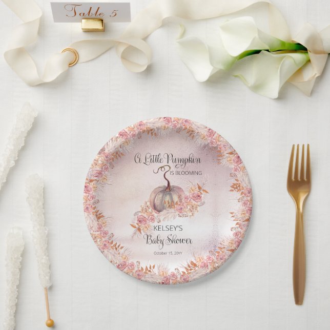 A Little Pumpkin Is Blooming Pink Baby Shower  Pap Paper Plate (Wedding)