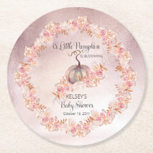 A Little Pumpkin Is Blooming Pink Baby Shower Round Paper Coaster