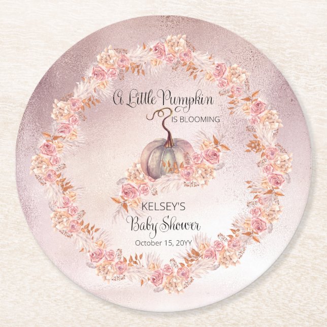 A Little Pumpkin Is Blooming Pink Baby Shower Round Paper Coaster (Front)