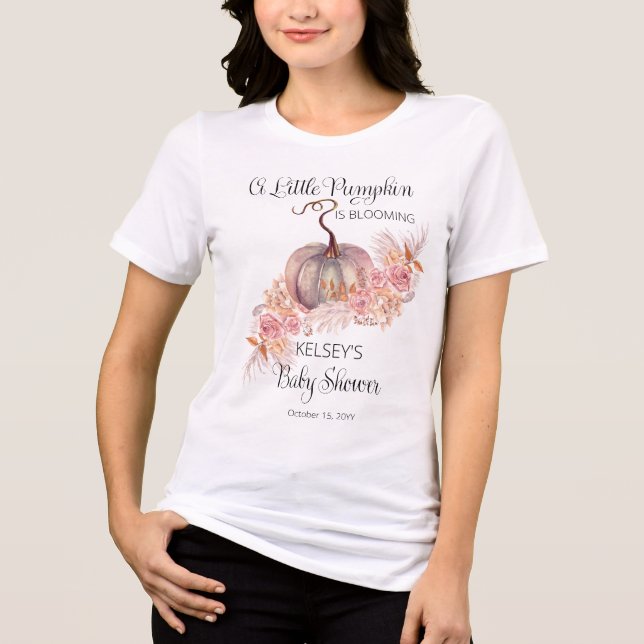 A Little Pumpkin Is Blooming Pink Baby Shower Tri-Blend Shirt (Front)