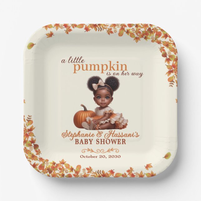 A Little Pumpkin is on Her Way Afro Puff Baby Girl Paper Plate (Front)