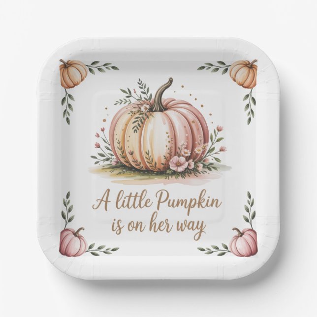 A Little Pumpkin Is On Her Way Baby Shower Paper Plate (Front)