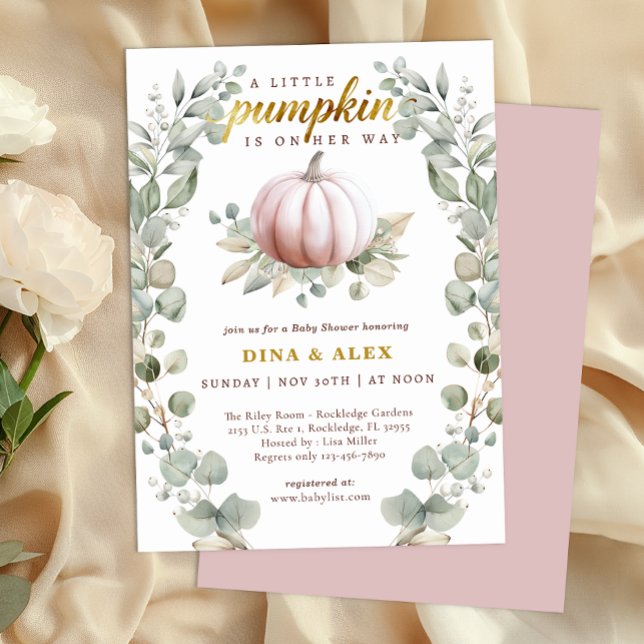 A Little Pumpkin Is on Her Way Fall Baby Shower Invitation (Little Pumpkin Baby Shower Invitation - Blush Pink)