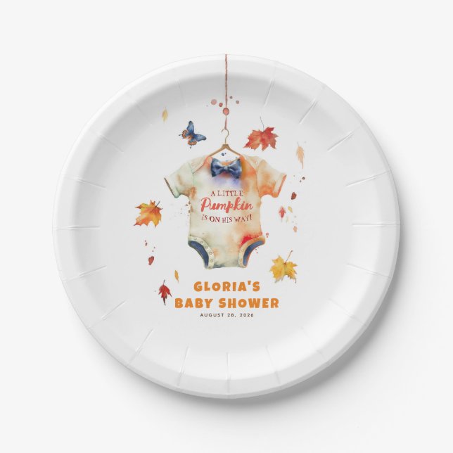 A Little Pumpkin Is On His Way Baby Shower Paper Plate (Front)