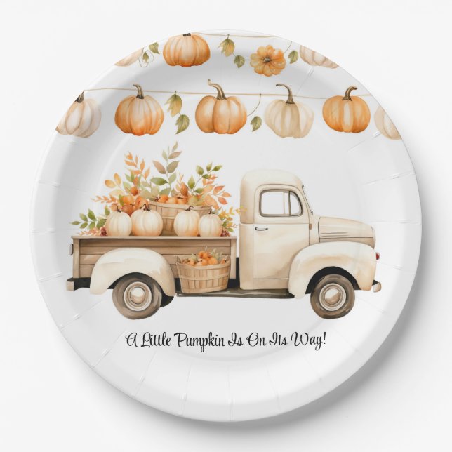 A Little Pumpkin Is On Its Way Baby Shower Paper Plate (Front)