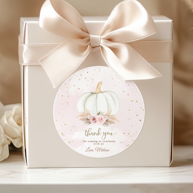 A Little Pumpkin is on the way baby shower Classic Round Sticker (Round pumpkin baby shower sticker with fall design)