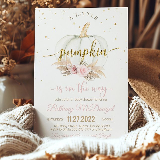 A Little Pumpkin is on the way baby shower  Invitation (Autumn baby shower invitation with pumpkin design)