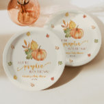 A Little Pumpkin Is On The Way! Baby Shower Paper Plate<br><div class="desc">This is a fall pumpkin themed baby shower paper plate! A Little Pumpkin is on the way!

Green,  Brown,  Pumpkin Fall Leaves,  Boy Girl Unisex Gender Neutral,  orange Burgundy</div>