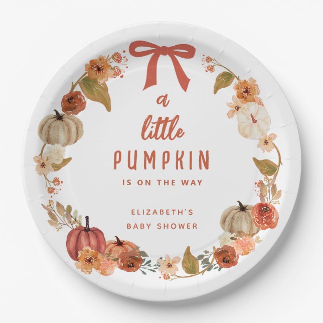 A Little Pumpkin Is On The Way Baby Shower Welcome Paper Plate (Front)