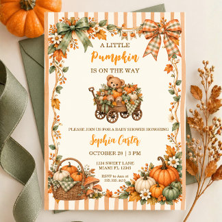 A Little Pumpkin Is on the Way Bear Baby Shower  Invitation