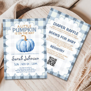 A Little Pumpkin Is On The Way Blue Baby Shower Invitation