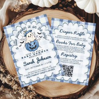 A Little Pumpkin Is On The Way Blue Baby Shower Invitation