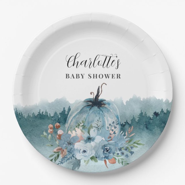 A Little Pumpkin Is On The Way Blue Baby Shower Na Paper Plate (Front)