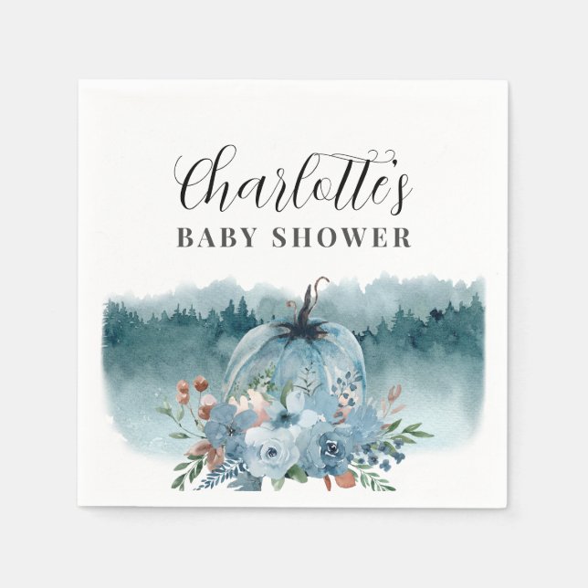 A Little Pumpkin Is On The Way Blue Baby Shower Napkin (Front)