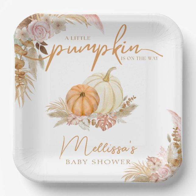 A Little Pumpkin Is On The Way Boho Autumn Fall  Paper Plate (Front)