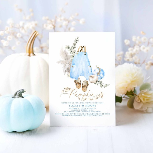 A Little Pumpkin Is On The Way Boy Baby Shower Invitation (A Little Pumpkin Is On The Way - Cute Blue Pumpkins and Baby Clothes Baby Shower Invitations)