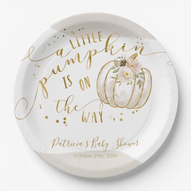 A Little Pumpkin Is On The Way Elegant Baby Shower Paper Plate (Front)