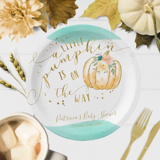 A Little Pumpkin Is On The Way Elegant Baby Shower Paper Plate (Creator Uploaded)
