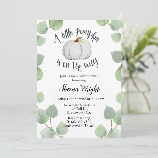 A little pumpkin is on the way, fall baby shower,  invitation (Standing Front)