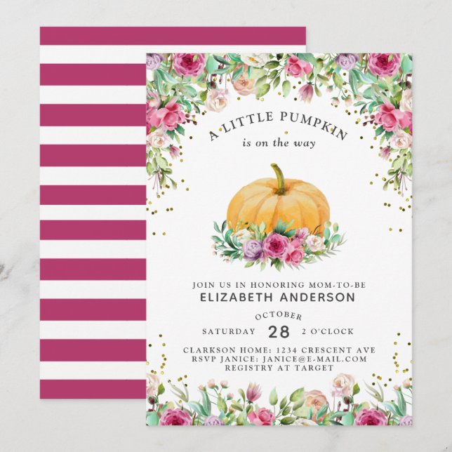 A Little Pumpkin Is On The Way Girly Floral Invita Invitation (Front/Back)