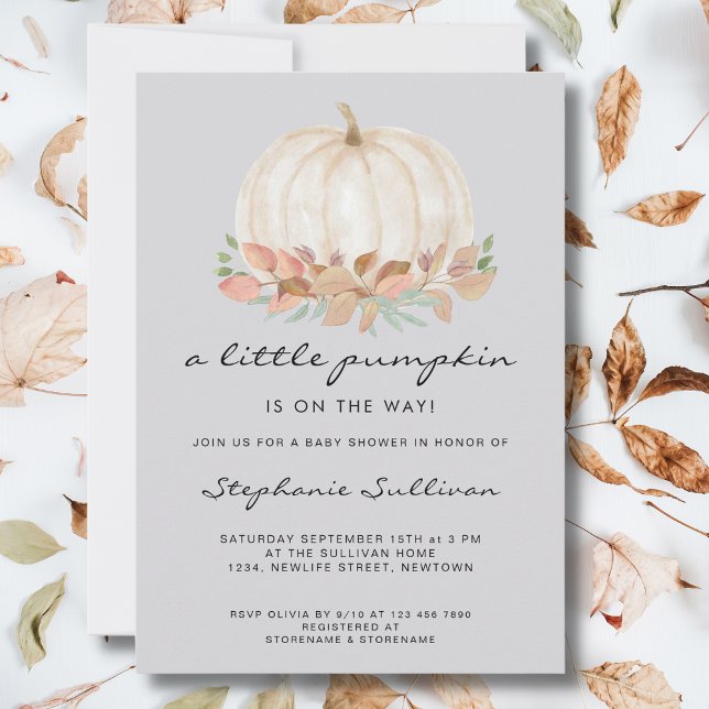 A Little Pumpkin Is On The Way Grey Baby Shower Invitation (Creator Uploaded)