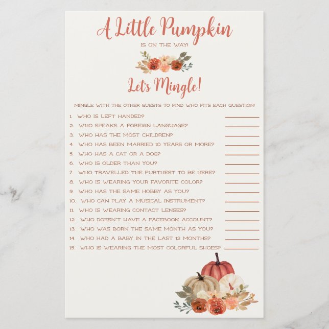 A Little Pumpkin is on the Way Let's Mingle Game (Front)