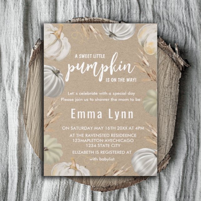 A Little Pumpkin Kraft Fall Baby Shower Invitation (#zazzlemade #pumpkinbabyshower #whitepumpkin #fallbabyshower)