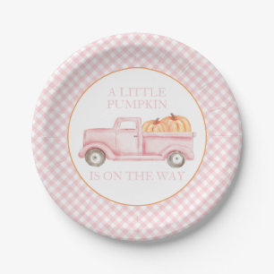 A Little Pumpkin light pink truck baby shower Paper Plate