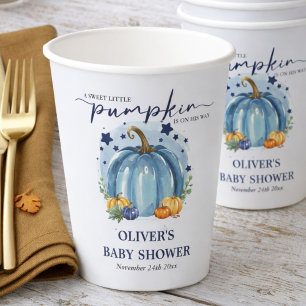 A Little Pumpkin On His Way Blue Boy Baby Shower Paper Cups