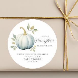 A Little Pumpkin On The Way Blue Baby Shower Classic Round Sticker