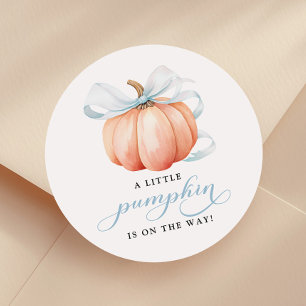 A Little Pumpkin on the Way Blue Bow Baby Shower Classic Round Sticker
