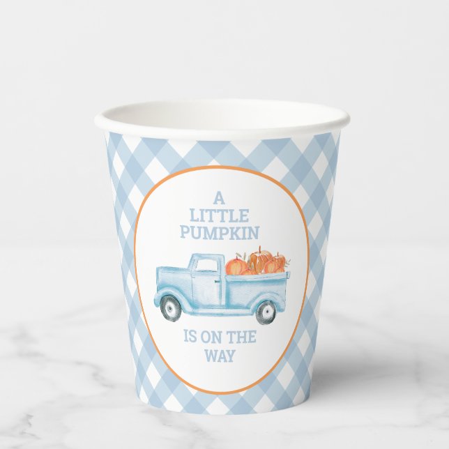 A Little Pumpkin on the way blue truck baby shower Paper Cups (Front)