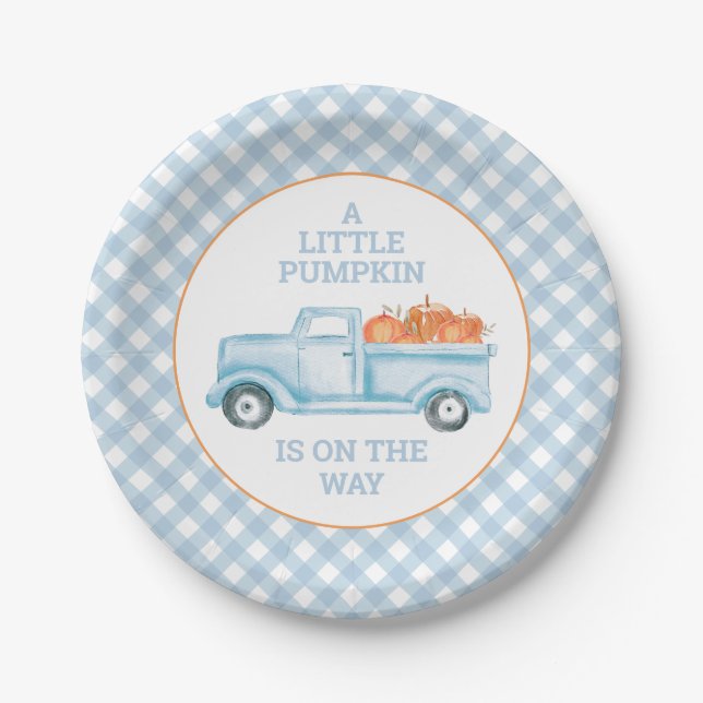 A Little Pumpkin on the way blue truck baby shower Paper Plate (Front)