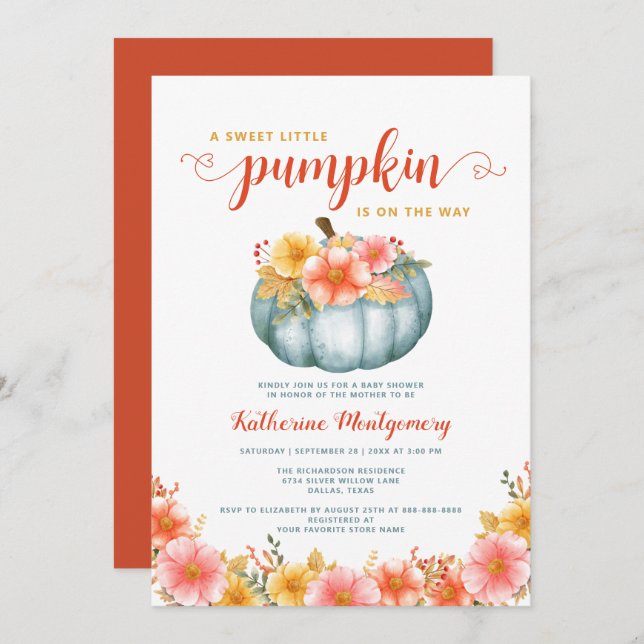 A Little Pumpkin Orange Autumn Floral Baby Shower Invitation (Front/Back)