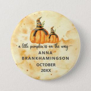 A little pumpkin orange watercolor baby shower 7.5 cm round badge