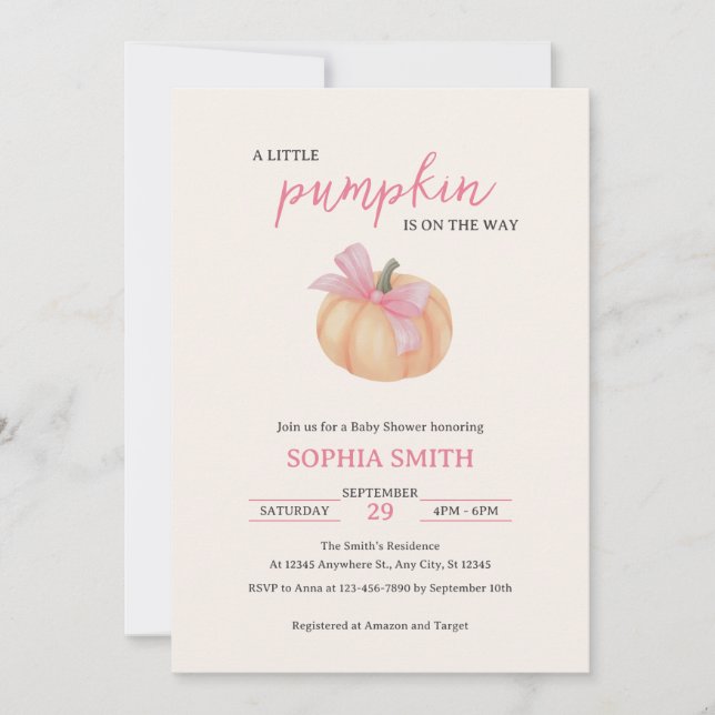 A Little Pumpkin Pink Bow Baby Shower Invitation (Front)