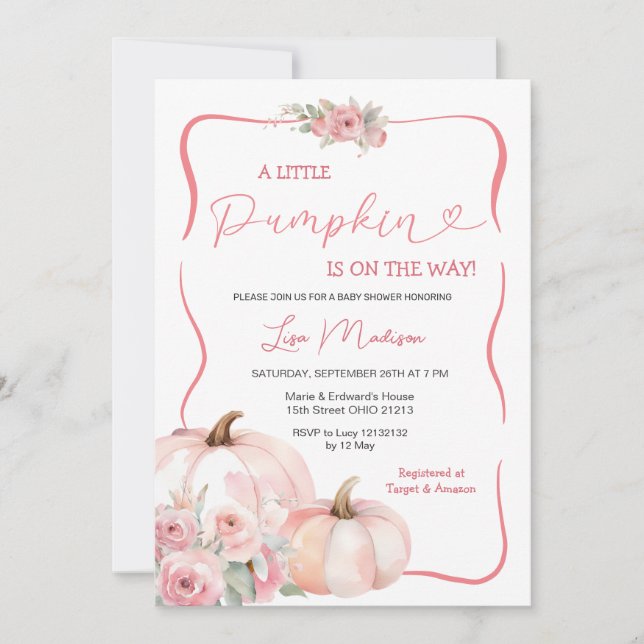 A Little Pumpkin Pink Fall Baby Shower  Invitation (Front)