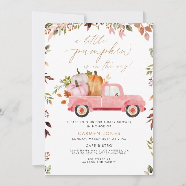 A Little Pumpkin Pink Truck Fall Baby Shower Invitation (Front)