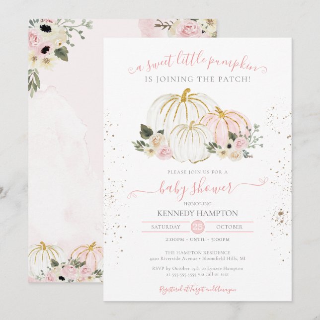 A Little Pumpkin Pink White Girl Baby Shower Invitation (Front/Back)