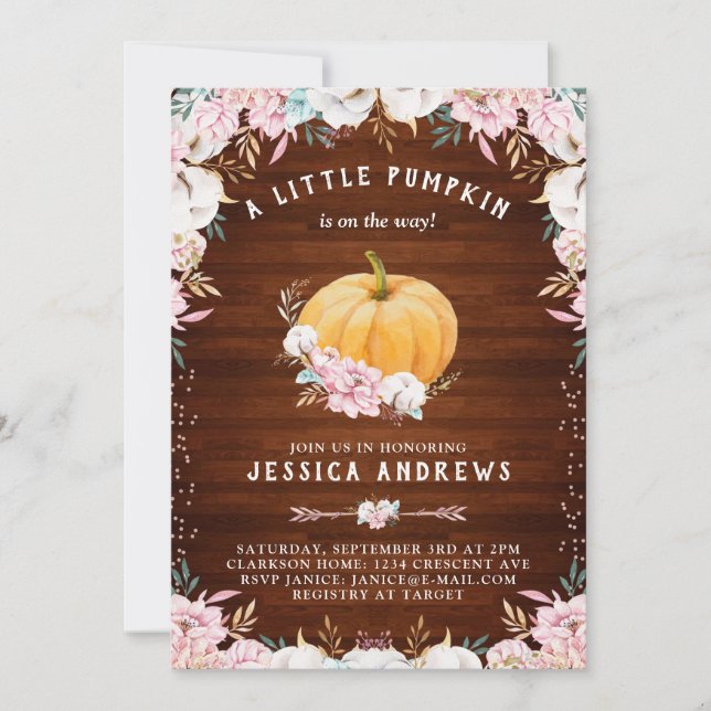 A Little Pumpkin Rustic Cotton Floral Invitation (Front)