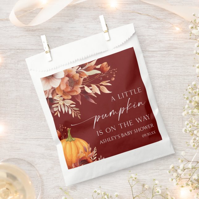 A Little Pumpkin Rusty Burgundy Floral Baby Shower Favour Bags (Clipped)