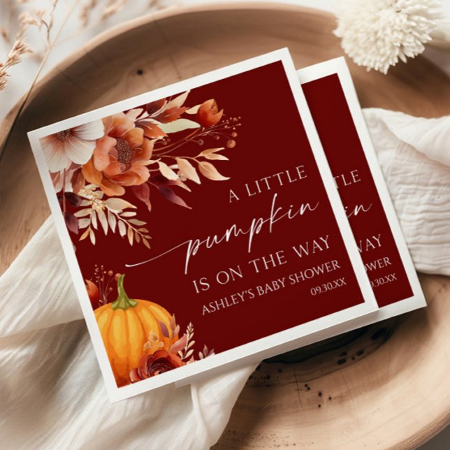 A Little Pumpkin Rusty Burgundy Floral Baby Shower Napkin (Creator Uploaded)