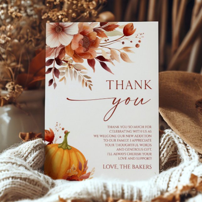 A Little Pumpkin Rusty Burgundy Floral Baby Shower Thank You Card (Creator Uploaded)