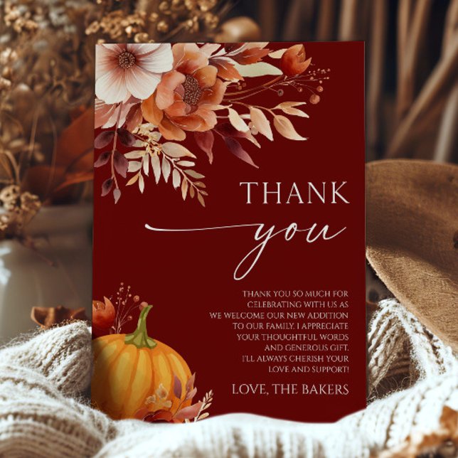 A Little Pumpkin Rusty Burgundy Floral Baby Shower Thank You Card (Creator Uploaded)