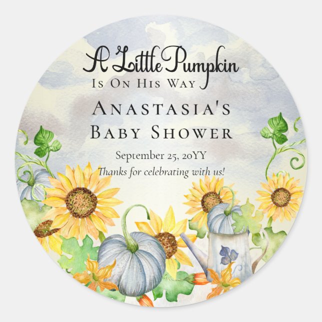 A Little Pumpkin | Sunflowers Boy Baby Shower Classic Round Sticker (Front)