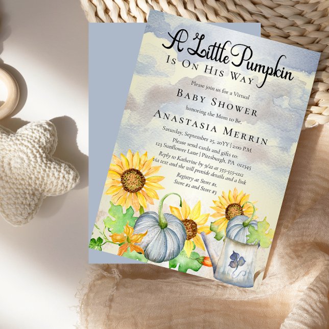 A Little Pumpkin | Sunflowers Virtual Baby Shower  Invitation ("A Little Pumpkin Is On His Way" Blue Pumpkins and Sunflowers Virtual Baby Shower Invitation)